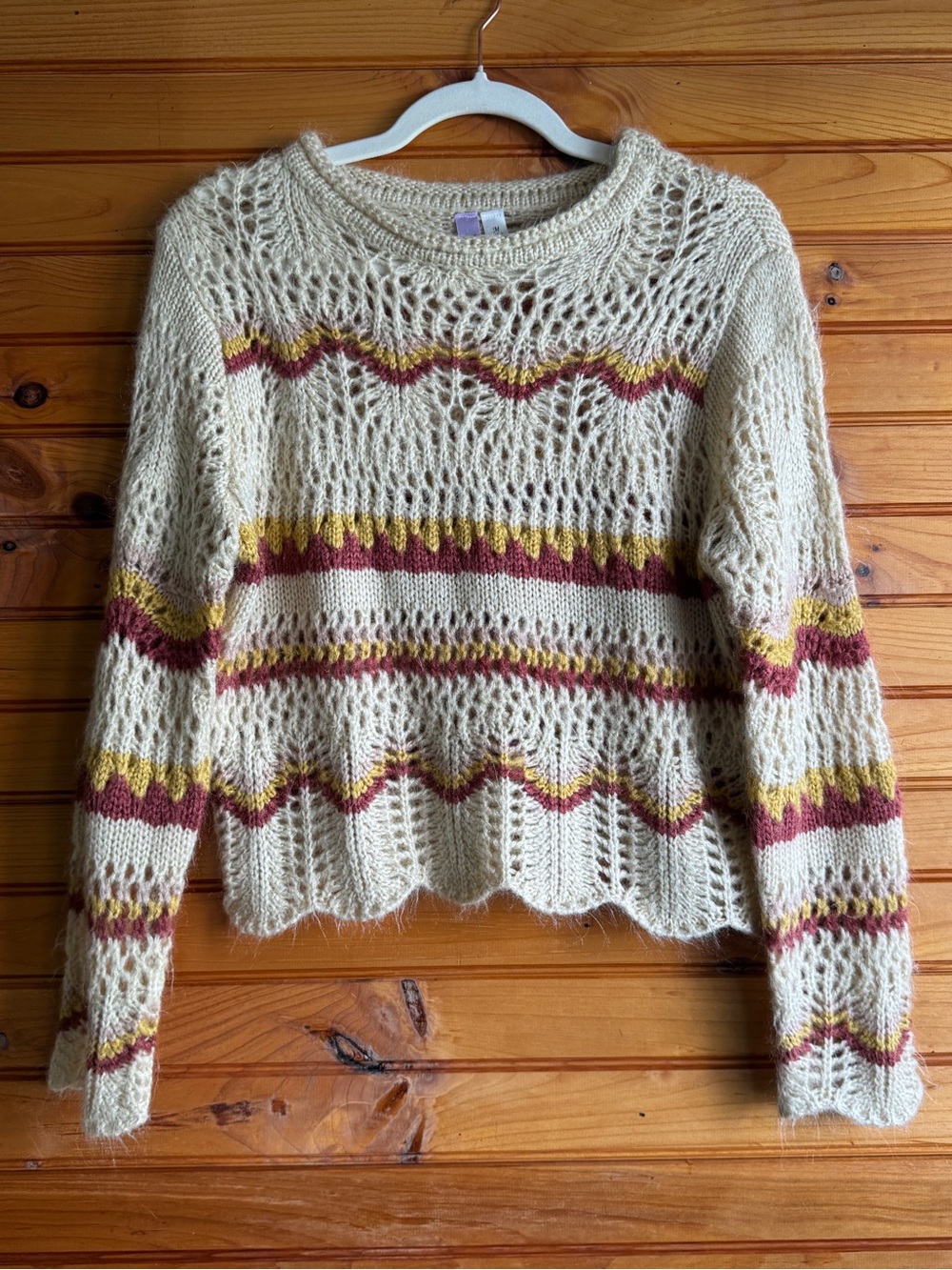 Alya Cropped Sweater M 70s Boho Folk Pointelle Knit Scalloped Cream